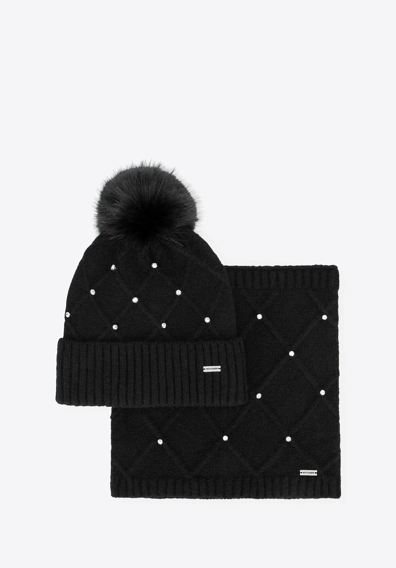 Komplet damski zimowy – czapka i komin w kryształki czarny