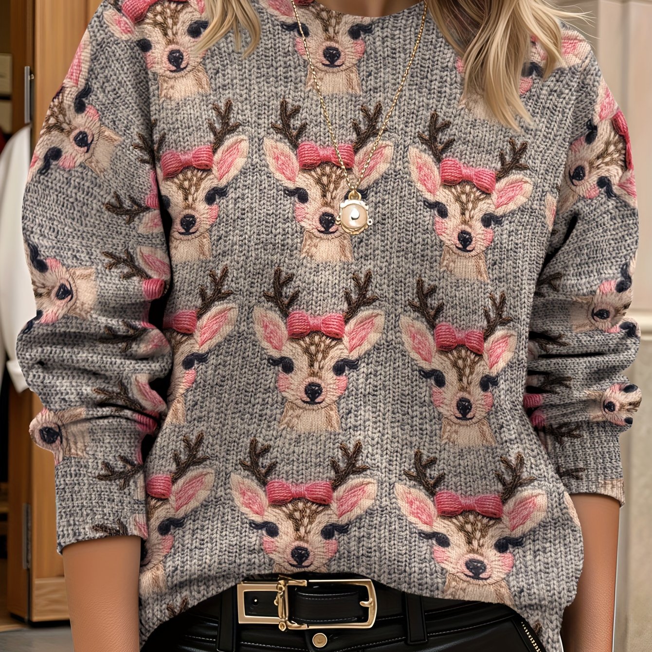 TEMU Kobiecy Lekki Sweter - Nadruk Gotycki z Krukiem i Jeleniem w Różowym/Szarym/Czarnym/Białym, Długi Rękaw, Okrągły Dekolt na Codzień i Formalne