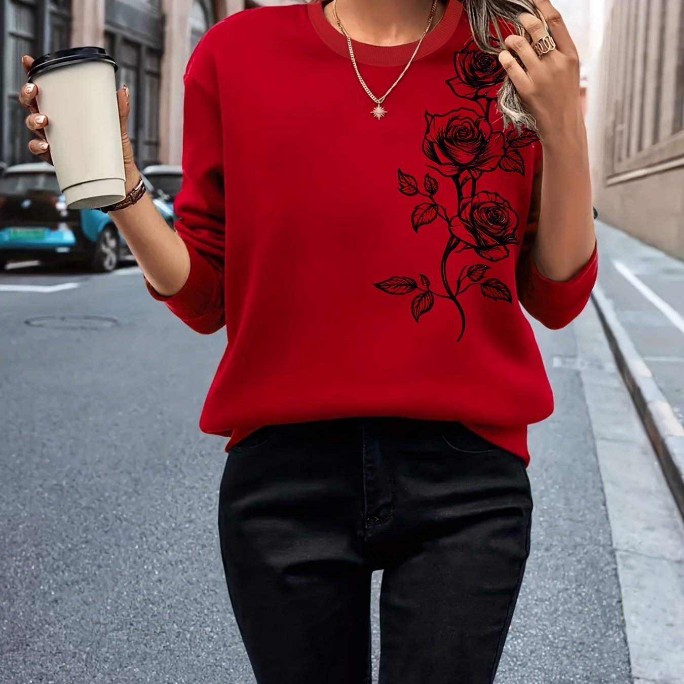 TEMU Sweter Damski - Pastelowy Różowy Sweter z Długim Rękawem, Na Każdą Porę Roku i Na Codzień oraz Na Uroczystości, Okrągły Dekolt, Biuro, Casual,