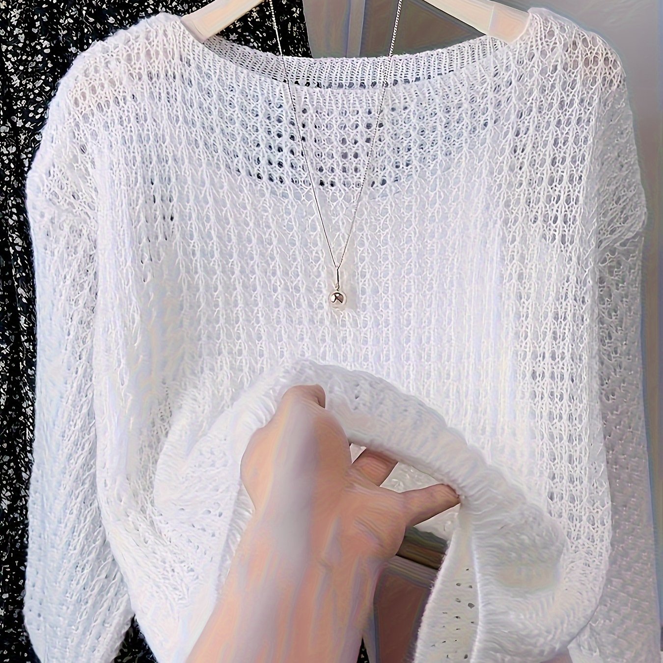 TEMU Elegancki sweter damski z koronkowym, ażurowym wzorem - Delikatny pastelowy róż - Lekki top do warstwowania na wiosnę/jesień/ - Szykowny do