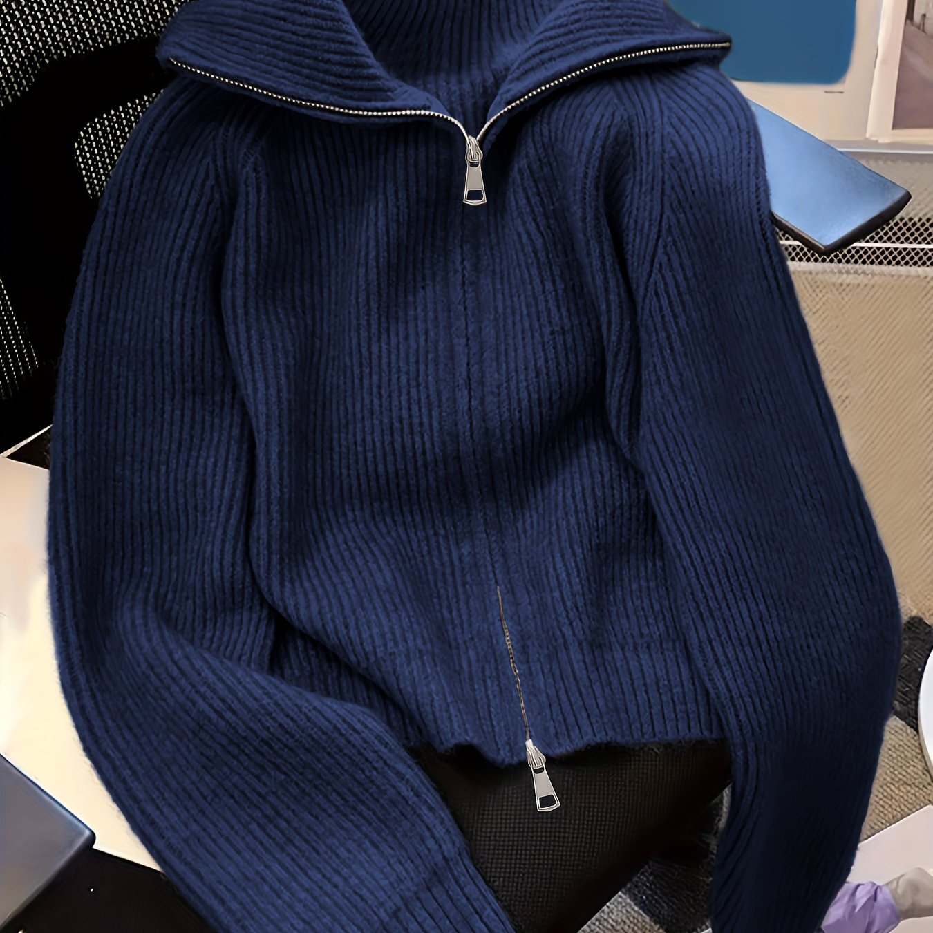 TEMU Kobiecy Elegancki Sweter z Zamkiem - Gruby Zimowy Płaszcz z Przodem na Zamek, Granatowy Formalny i Codzienny Strój na Jesień/Zimę, Stylowa