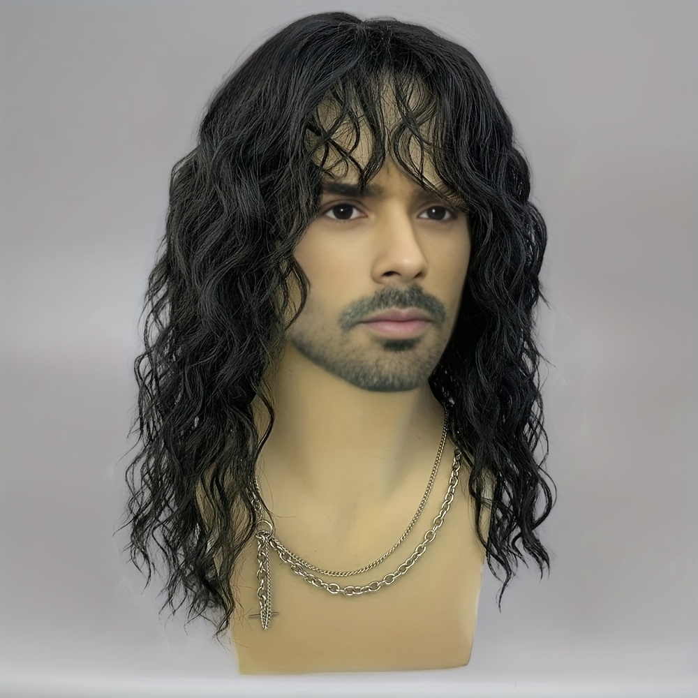 TEMU Peruka Męska Retro Lat 70. ., Długa Kręcona Biała z Grzywką - Syntetyczna, Odporna na Ciepło, Gęstość 180%, Siatka Różana, Styl Cosplayu,