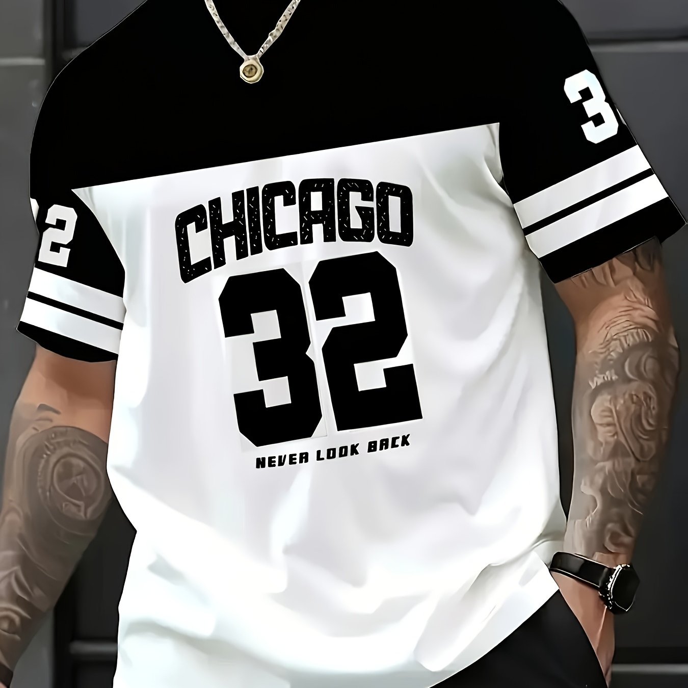 TEMU Koszulka Męska Chicago 32 z Grafiką - Sportowy Casual Krótki Rękaw, Okrągły Dekolt, Czarno-Biały Blok, Pranie w Pralce, Letni Top na Zewnątrz i
