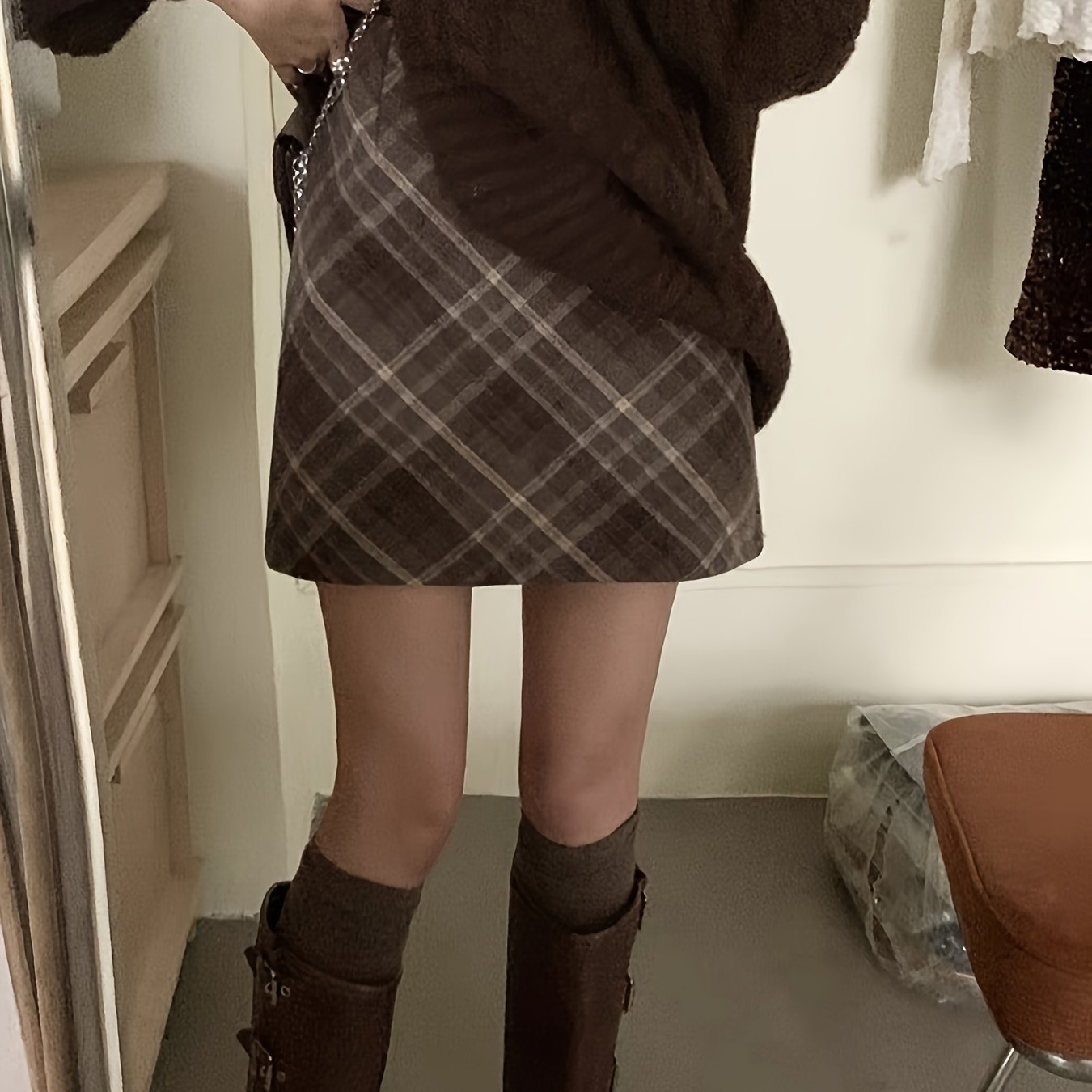 TEMU 1 szt. Elegancka spódnica trapezowa w kratę tartanową z poliestru dla kobiet - wysoki stan, krótka długość, zapięcie na zamek błyskawiczny,