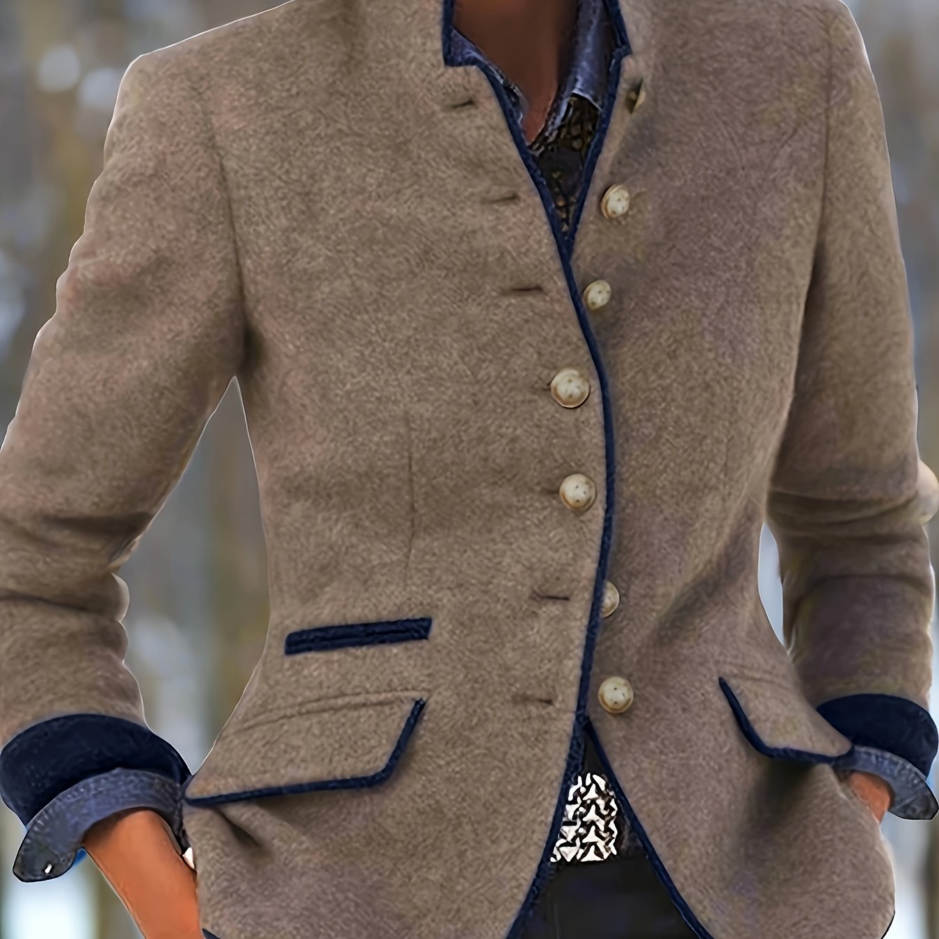 TEMU Damski Blazer w Stylu Vintage - Elegancka Kurtka do Biura i na Imprezę, Dopasowany Fartuch z Długim Rękawem Zapinany na Guziki, Szykowna Odzież