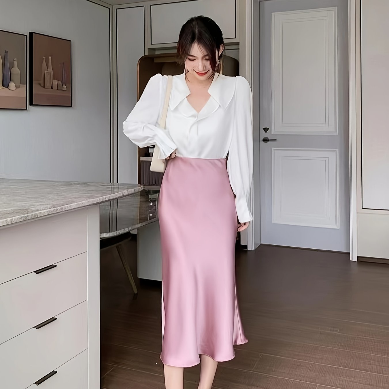 TEMU Spódnica z Satyny dla Kobiet - Miękki Różowy , Uniwersalna na Każdą Porę Roku, Dopasowana do Stylu Casual i Formalnego, Niezbędny Element