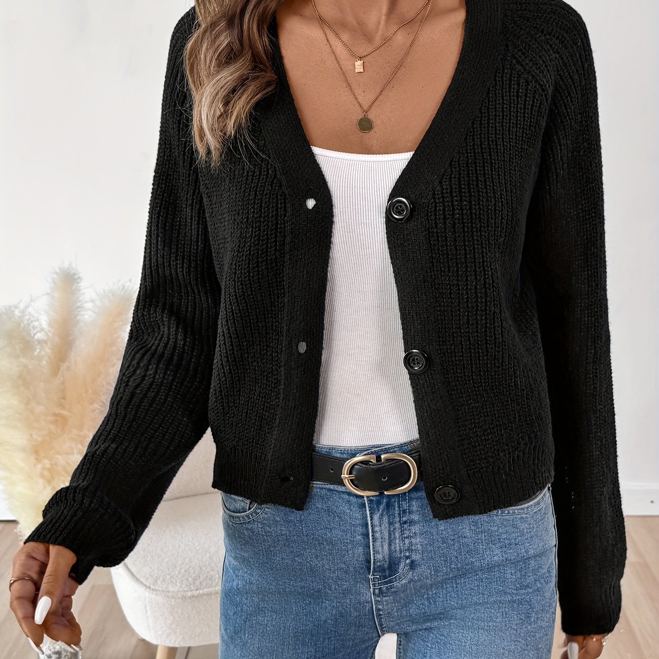 TEMU Elegancki damski kardigan z wycięciem w kształcie litery V - Część z długim rękawem, akrylowy, czarny, modny na jesień/zimę