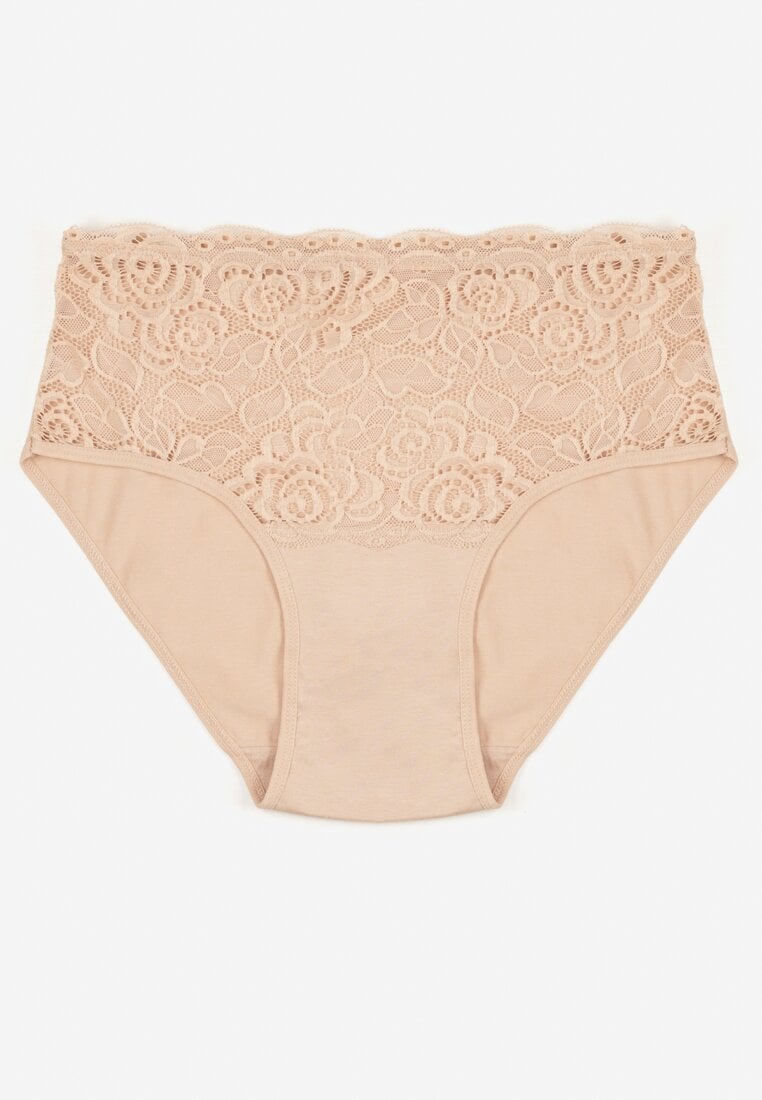 Beżowe Bawełniane Majtki Figi z Koronkowymi Zdobieniami Idissa