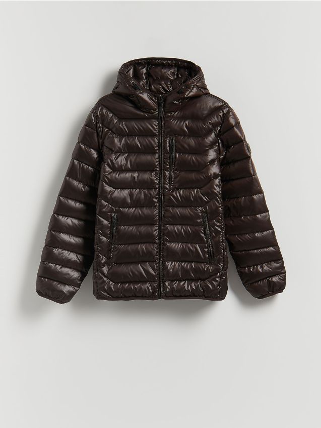 Reserved - Pikowana kurtka z kapturem - ciemnobrązowy