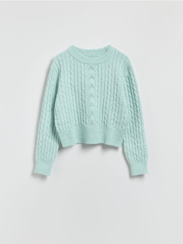 Reserved - Sweter z dekoracyjnym splotem - jasnoturkusowy