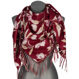 Chusta damska przejściowa w KWIATY na prezent z frędzlami RCC28-6 bordo
