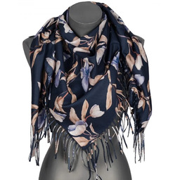 Chusta damska przejściowa w KWIATY na prezent z frędzlami RCC28-7 granat