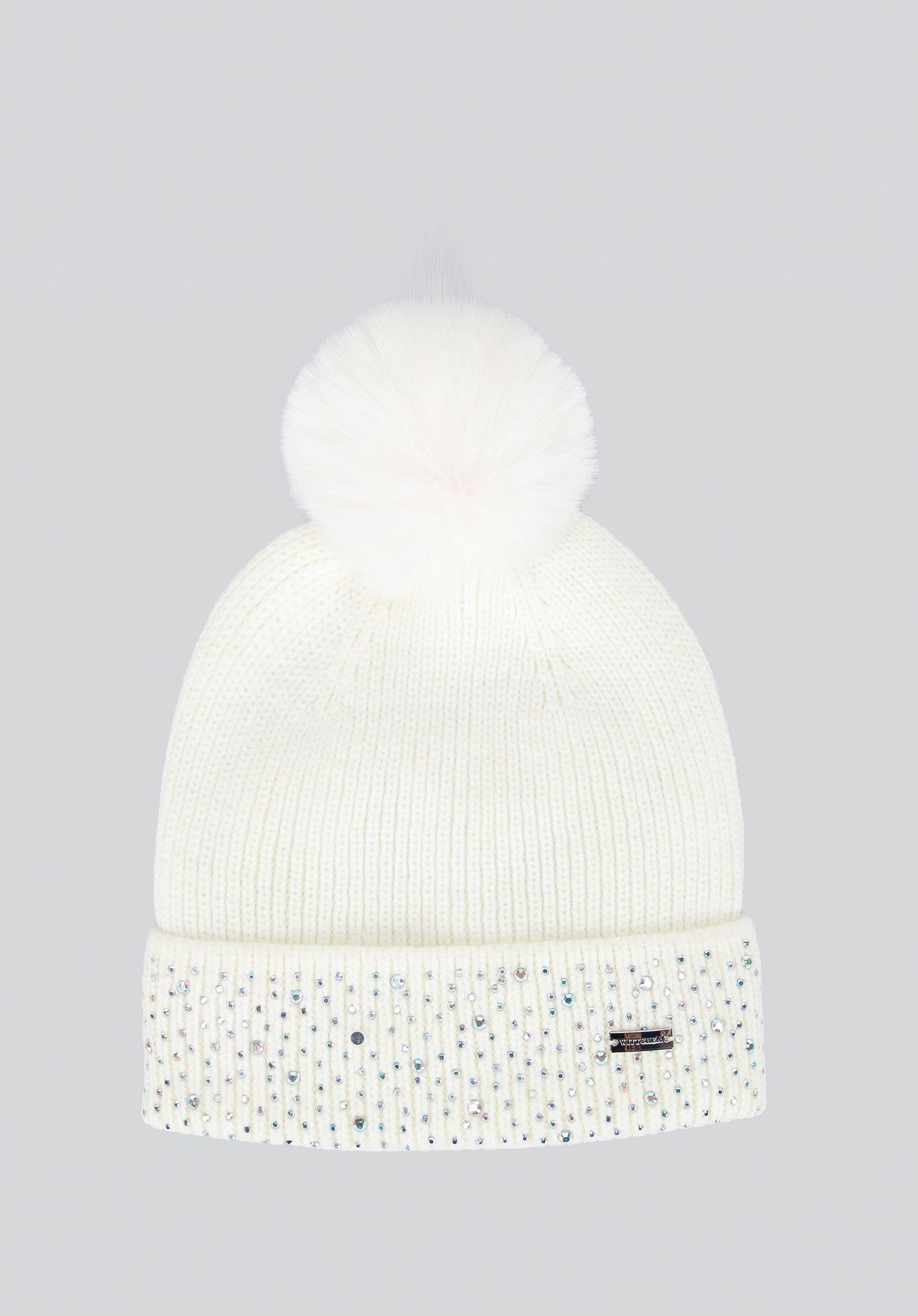 Czapka damska zimowa z cyrkoniami kremowa