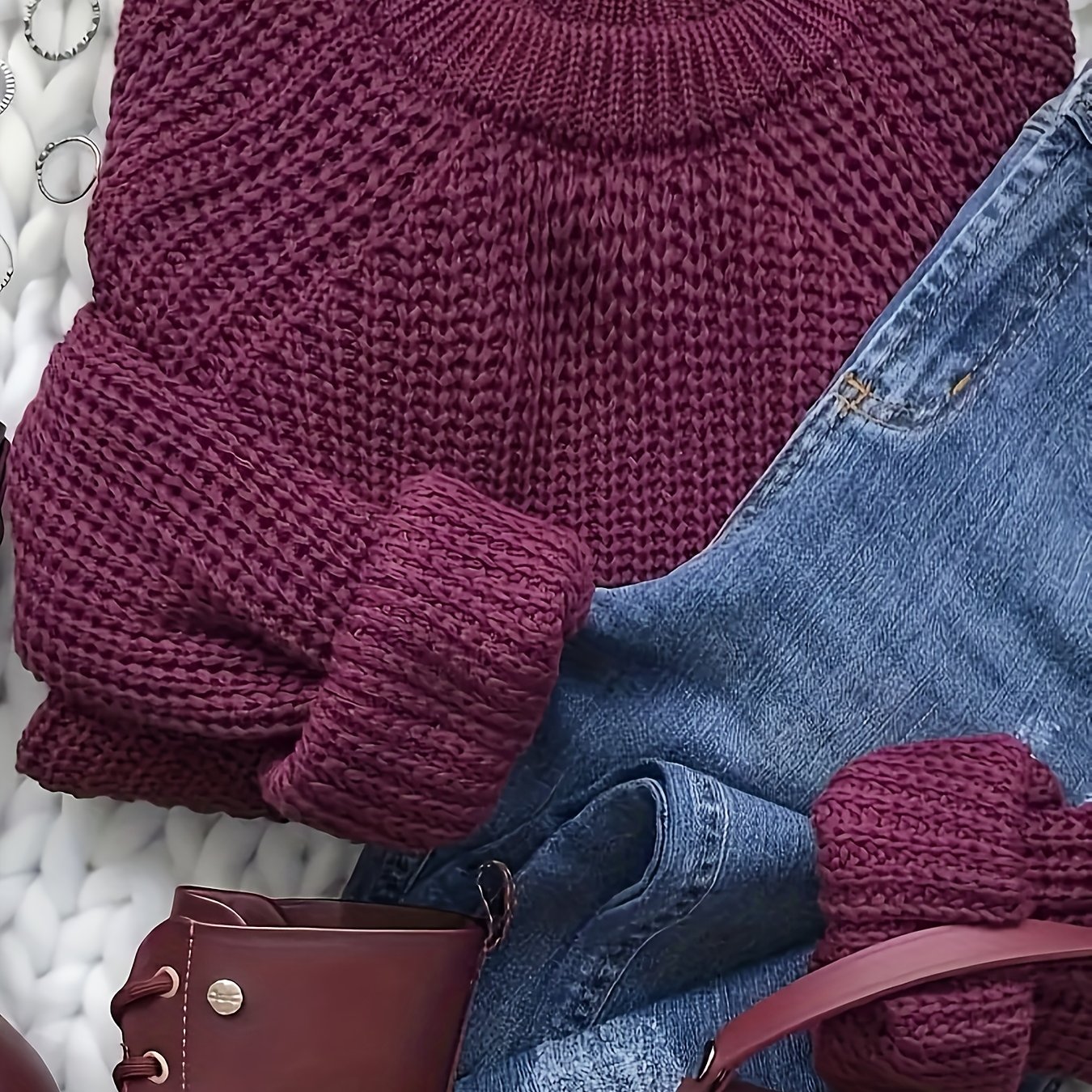 TEMU Elegancki sweter damski z długim rękawem - Miękki, ciepły zimowy pulower z okrągłym dekoltem, stylowy strój na biuro i imprezę, całoroczne