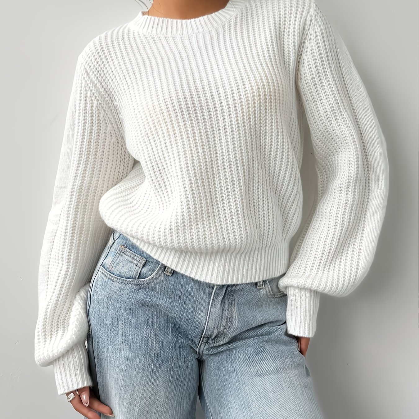 TEMU Sweter Damski Elegancki Biały - Miękka Bluza na Codzień i Formalne Wyjścia, Wszechsezonowy Sweter do Biura, i Casualu - Minimalistyczna Odzież