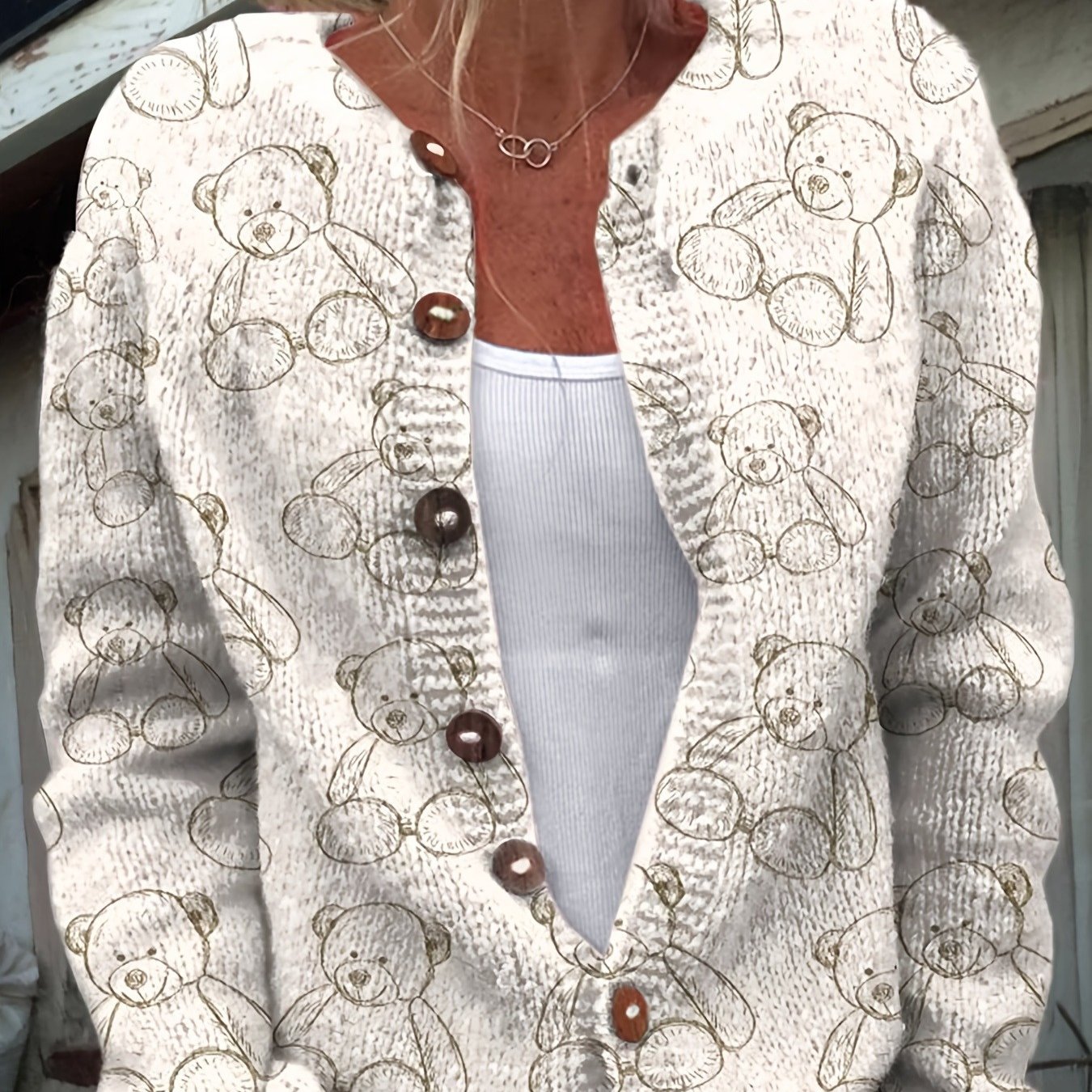 TEMU Damski Kardigan w Kolorze Beżowym z Nadrukiem Misia - Miękka Kurtko-Sweter Długi Raglanowy Zapinany na Guziki i Okrągły Kołnierzyk, Ćwiczenia