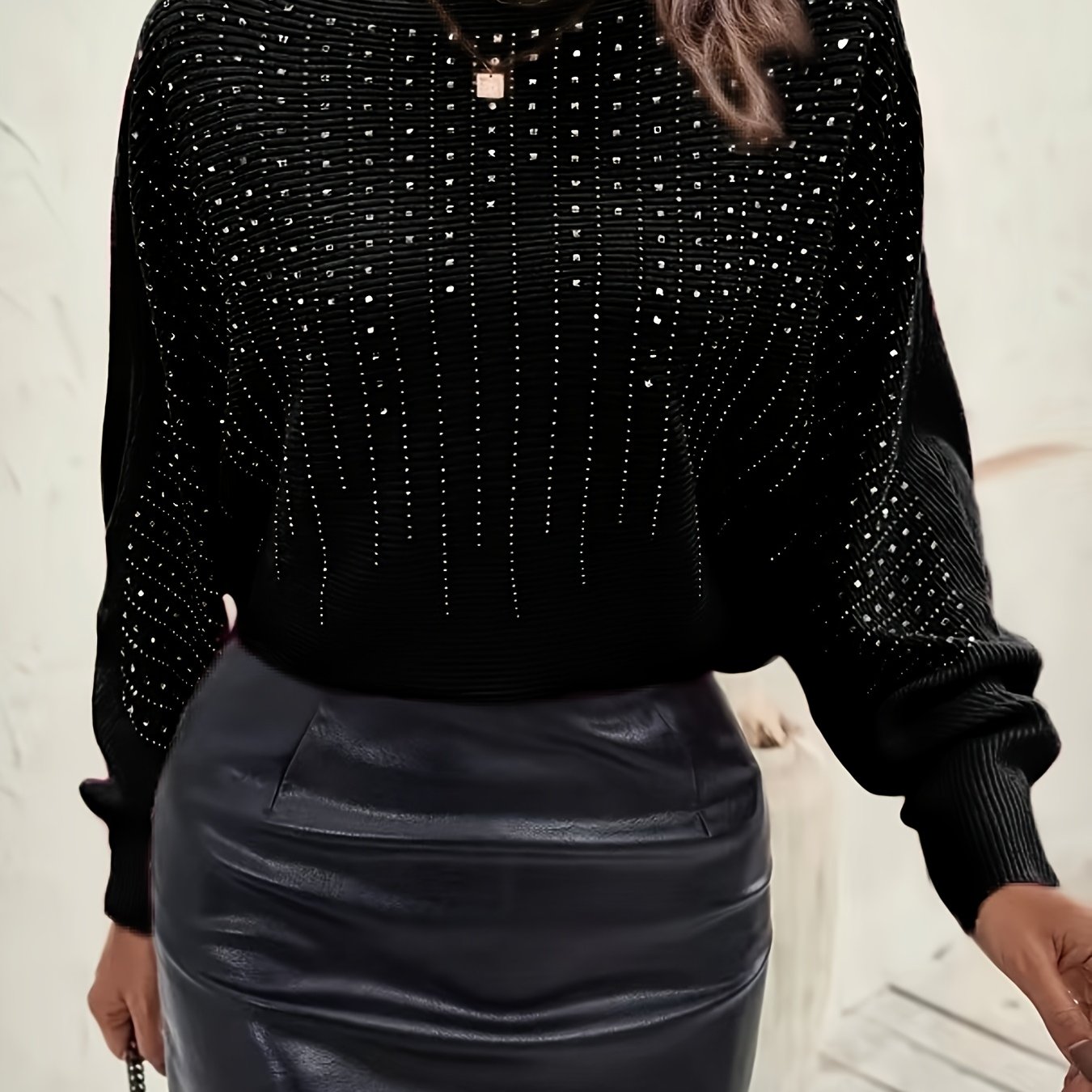 TEMU Elegancki sweter damski z rękawami w kształcie skrzydła i dekoltem łódkowym - wysoka elastyczność, design z odkrytymi ramionami, asymetryczny