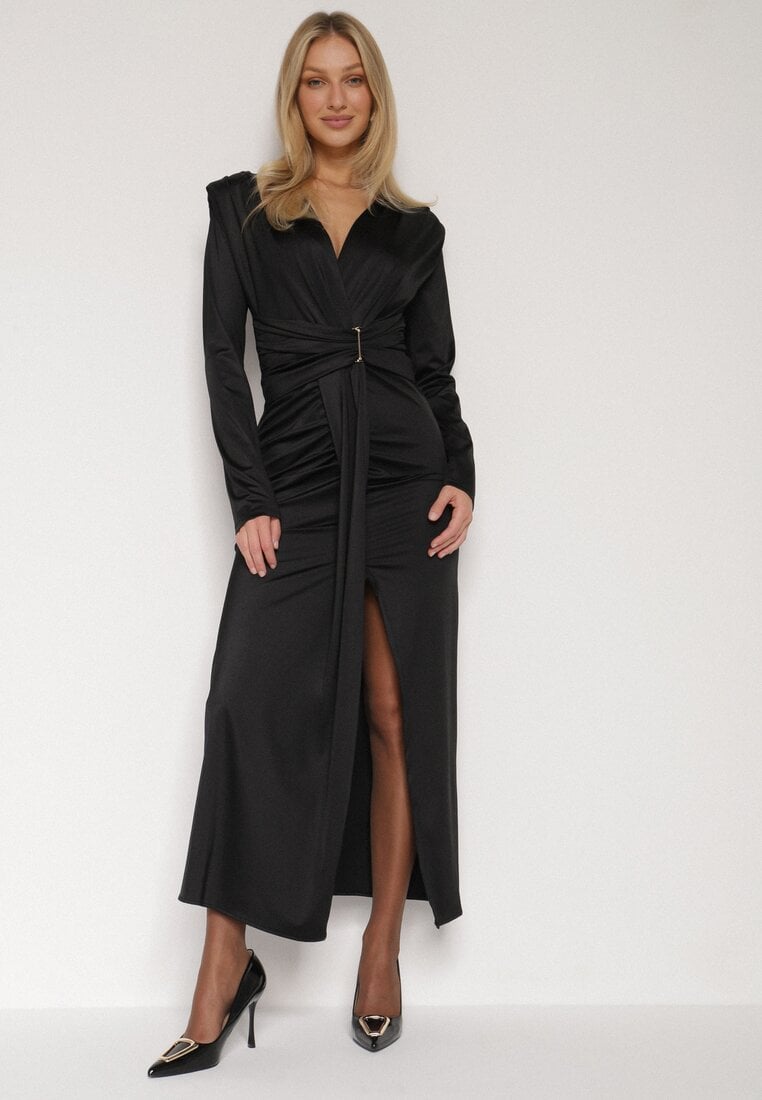 Czarna Elegancka Sukienka z Trenem i Rozcięciem Atissa
