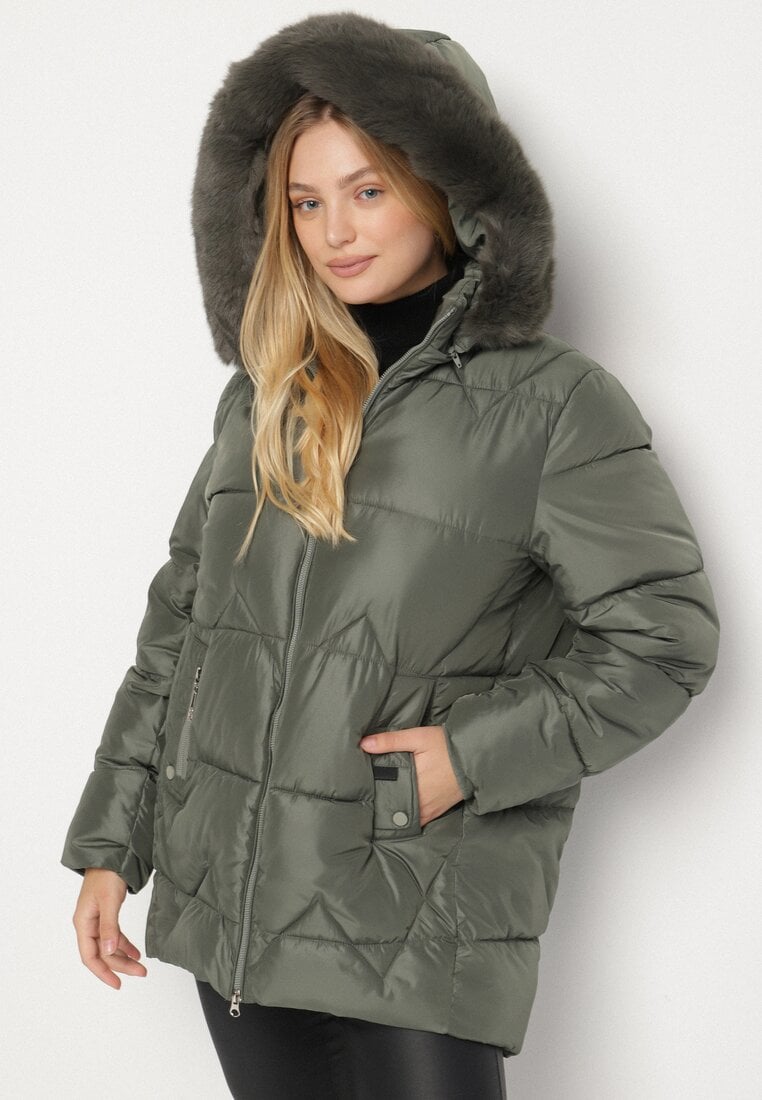 Zielona Pikowana Kurtka z Kapturem z Futerkiem Tevea