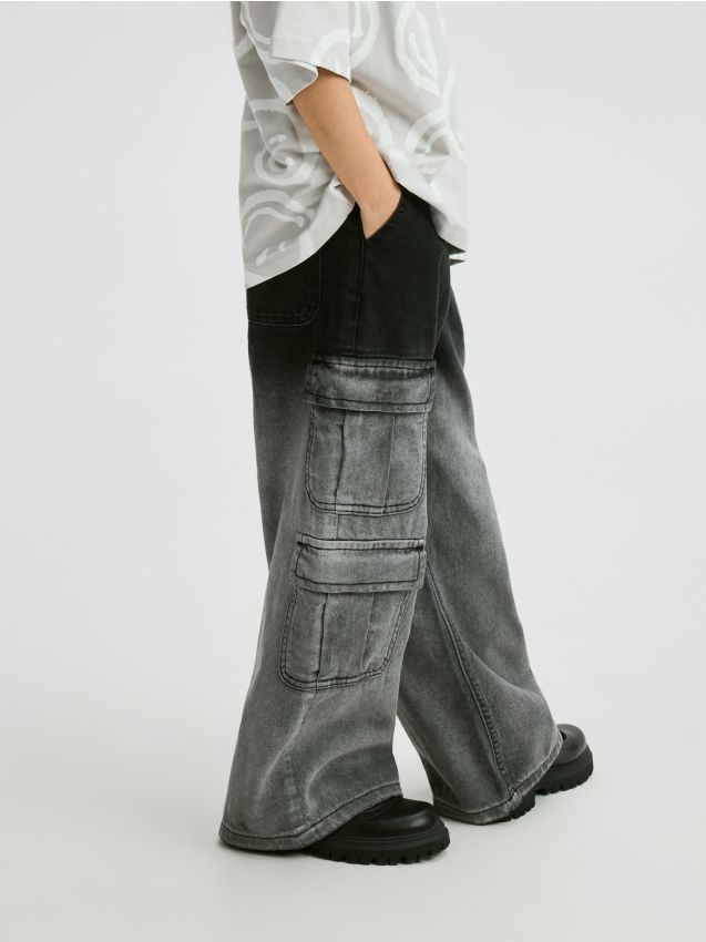 Reserved - Jeansy wide leg z efektem ombre - czarny