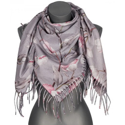 Chusta damska przejściowa w KWIATY na prezent z frędzlami RCC28-1 szara