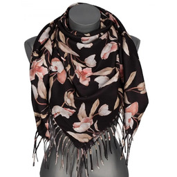Chusta damska przejściowa w KWIATY na prezent z frędzlami RCC28-2 czarna
