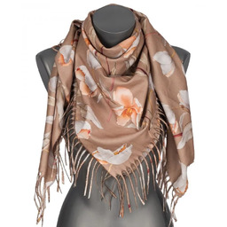 Chusta damska przejściowa w KWIATY na prezent z frędzlami RCC28-4 beżowa