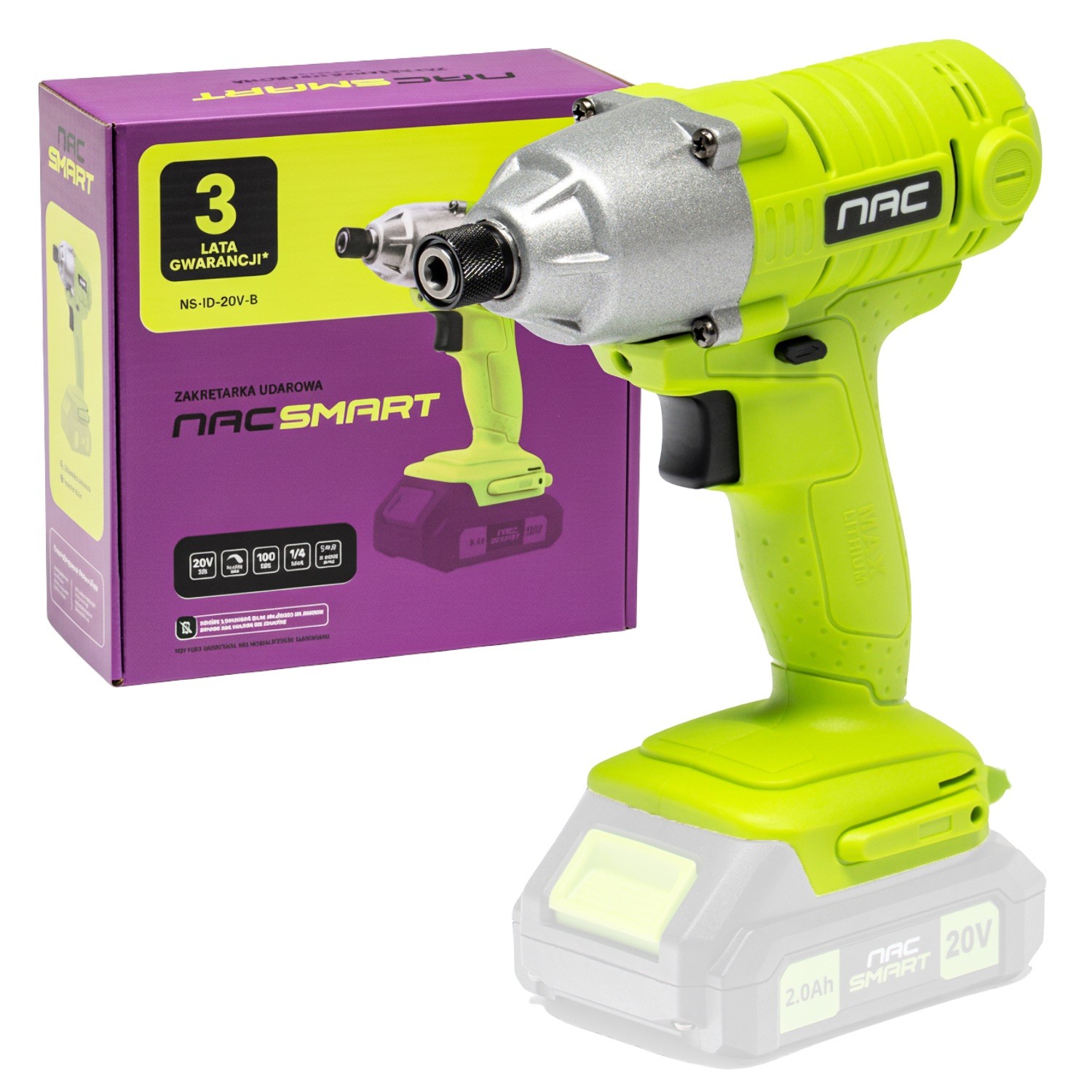 NAC SMART Akumulatorowa zakrętarka udarowa 180Nm  NS-ID-20V-B, Body bez baterii