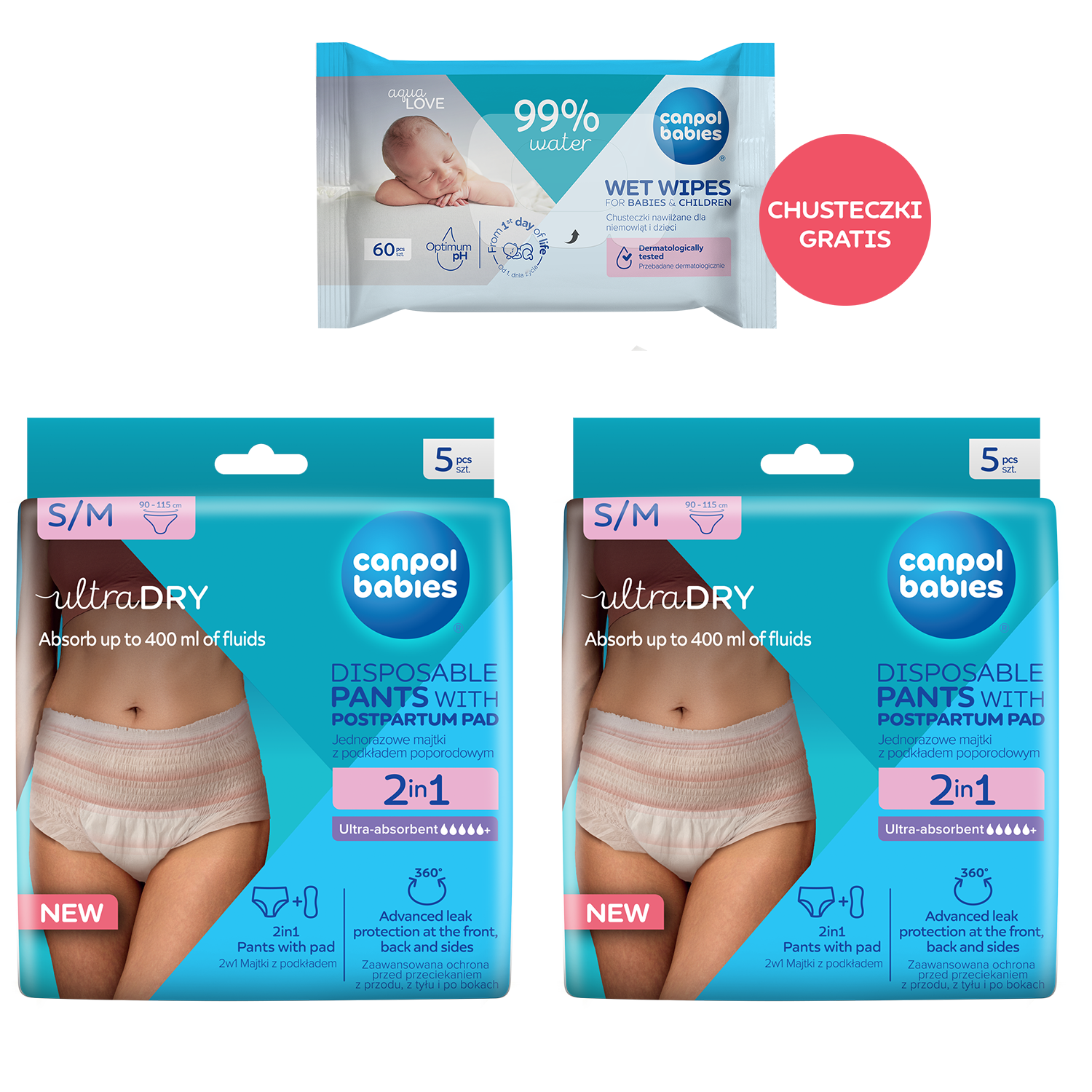 Zestaw Canpol Babies, oddychające majtki poporodowe 2w1, z podkładem, jednorazowe, rozmiar S/M, 2 x 5 sztuk + chusteczki nawilżane, 60 sztuk gratis