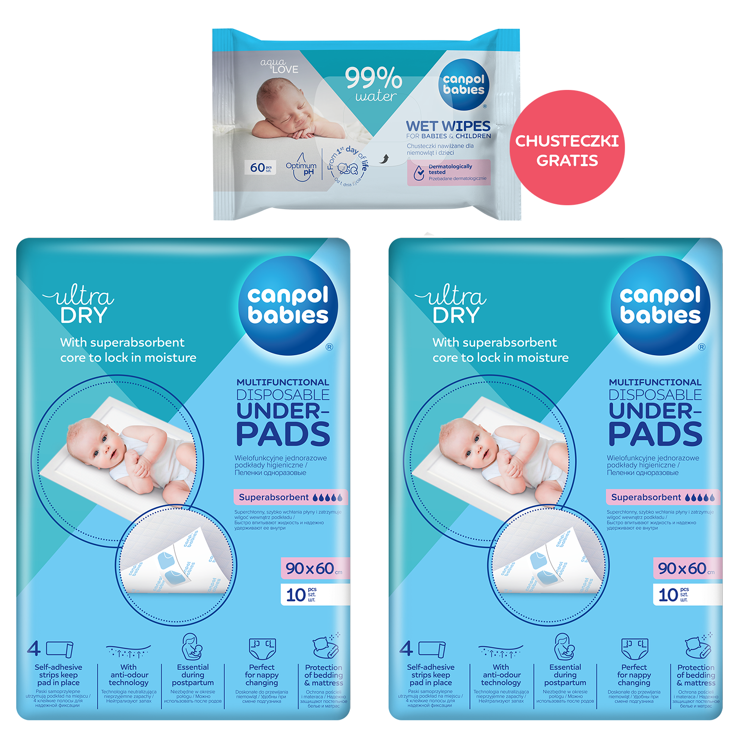 Zestaw Canpol Babies, wielofunkcyjnie podkłady higieniczne, jednorazowe, z paskami samoprzylepnymi, 90 cm x 60 cm, 2 x 10 sztuk + chusteczki nawilżane, 60 sztuk gratis