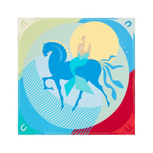 Chusta jedwabna Syrenka Warszawska na koniu Elie, ręcznie rolowana, dwustronna