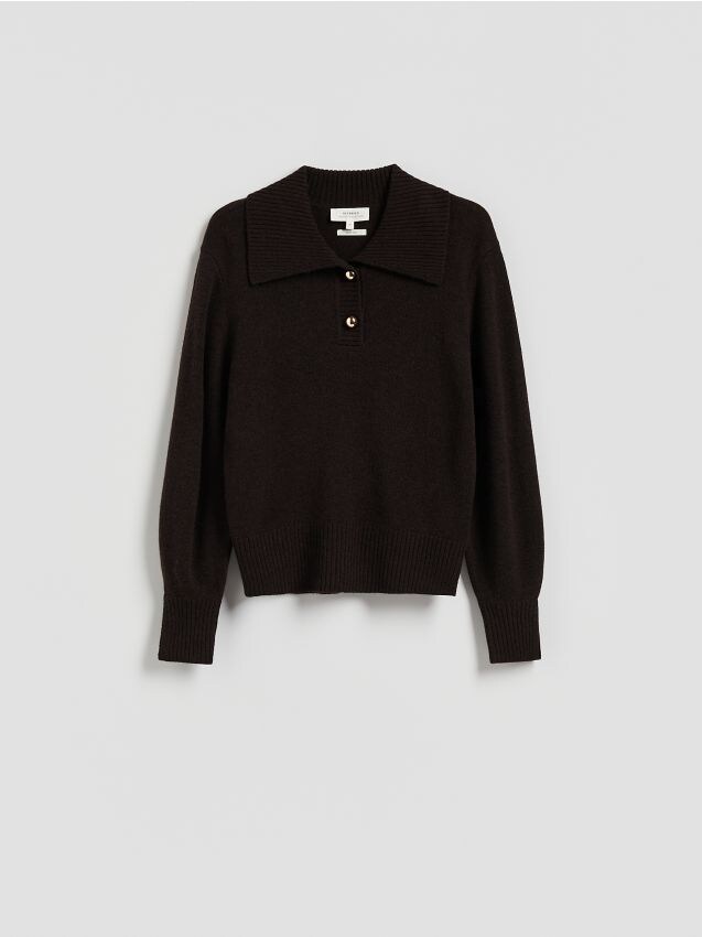 Reserved - Wełniany sweter z kołnierzem - ciemnobrązowy