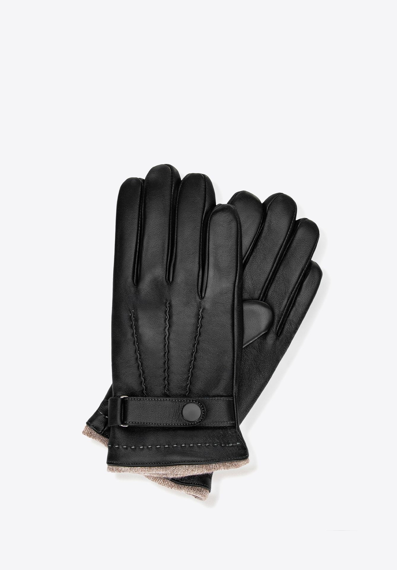 Męskie rękawiczki ze skóry naturalnej i wełny czarne