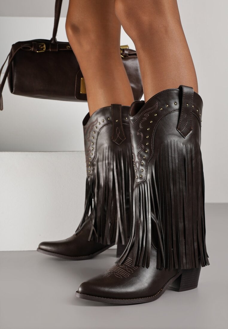 Brązowe Botki Kowbojki na Obcasie Zdobione Nitami i Frędzlami Calles