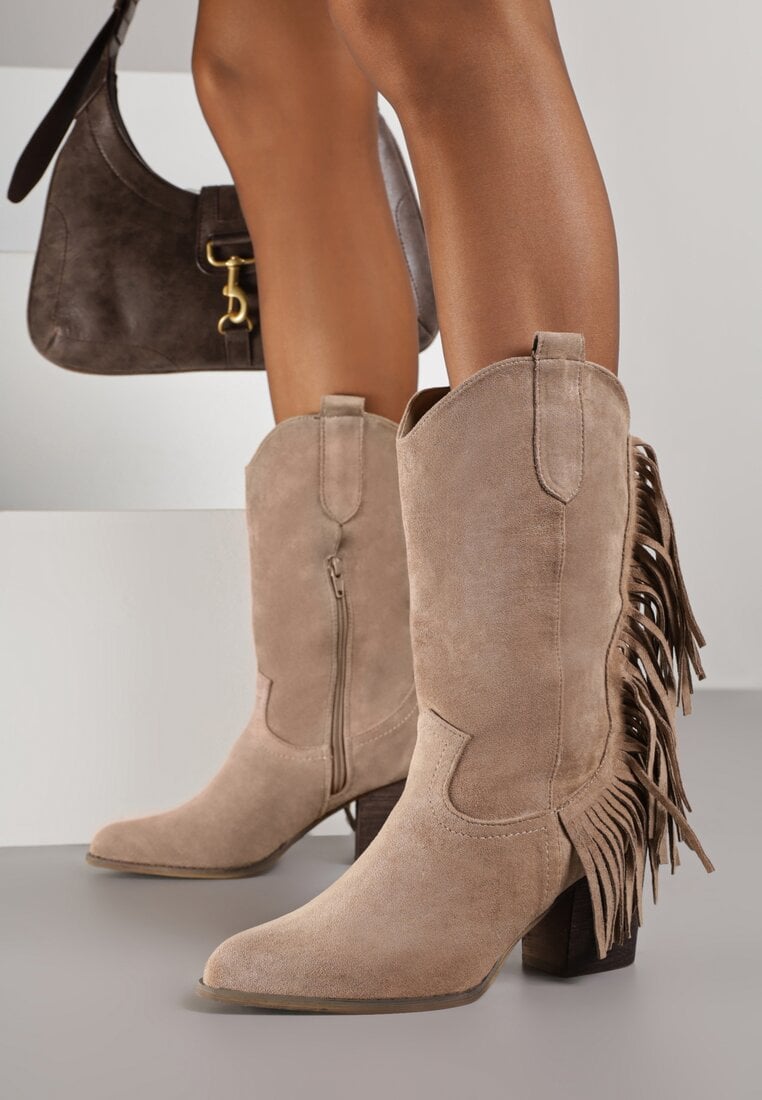 Beżowe Botki Kowbojki na Obcasie Zdobione Frędzlami Reisia