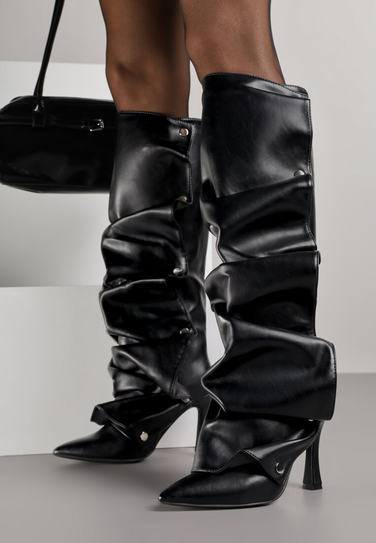 Czarne Kozaki na Szpilce z Marszczoną Cholewką na Napy Reniara