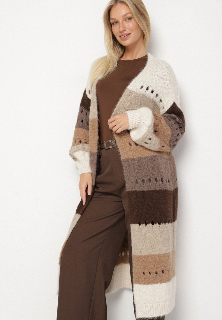 Beżowy Długi Kardigan Ażurowy w Paski z Domieszką Wełny i Wiskozy Ilomine
