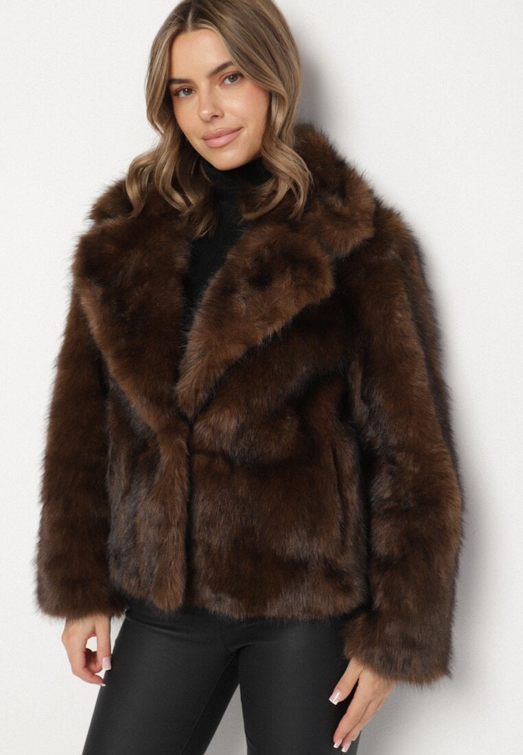 Brązowa Kurtka Futerko z Ozdobnym Kołnierzem Talliea