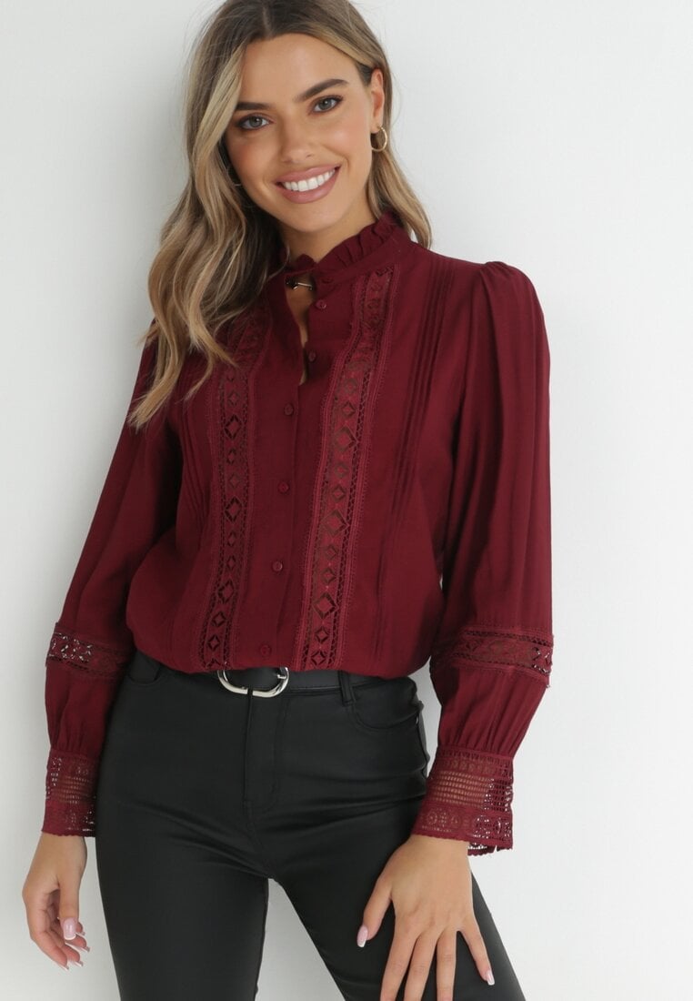 Bordowa Koszula ze Stójką i Koronką Argochis