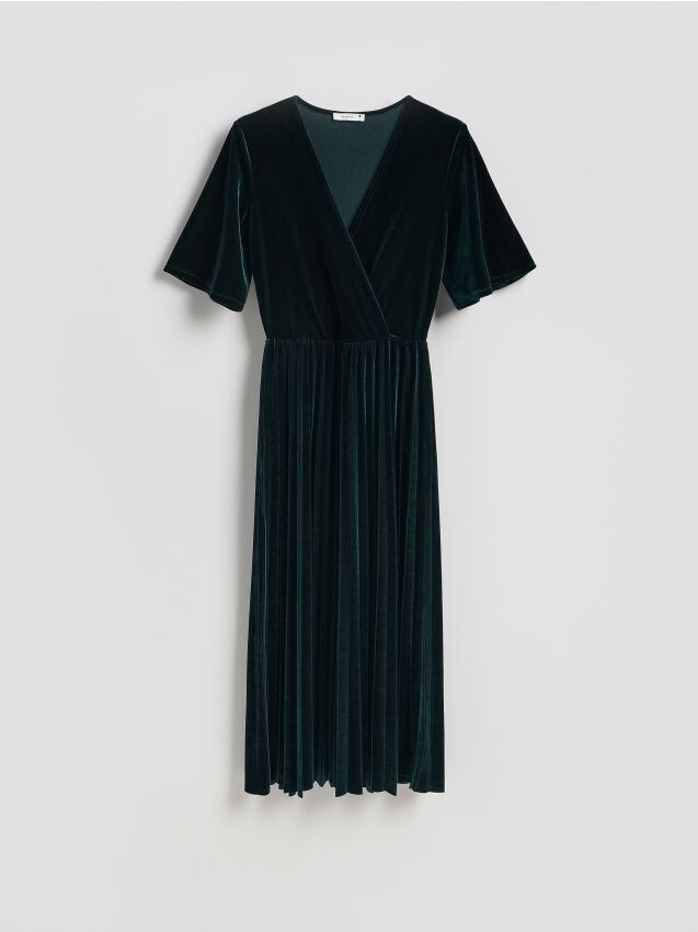 Reserved - Welurowa sukienka z plisowaniem - morski