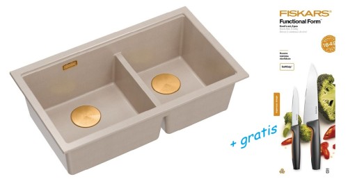 Quadron Unique Zlewozmywak granitowy dwukomorowy wpuszczany 75*45*23,5 cm LOGAN 120 PEARL BEIGE z syfonem save space w kolorze miedzianym