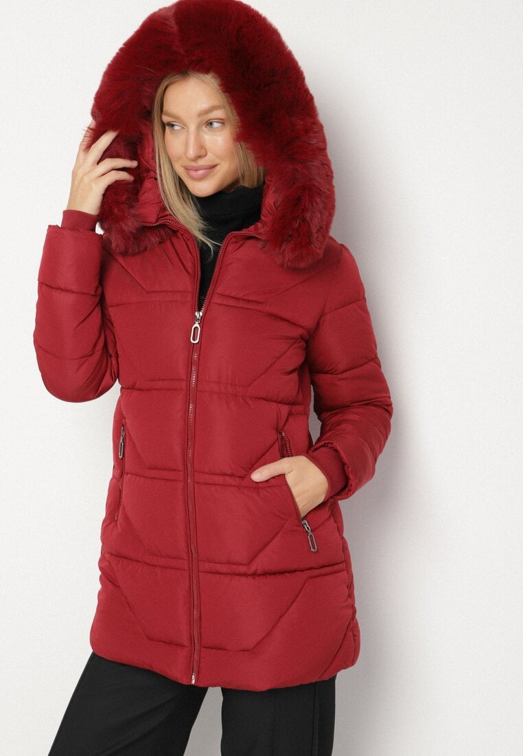 Bordowa Pikowana Kurtka z Kapturem z Futerkiem Nenadria