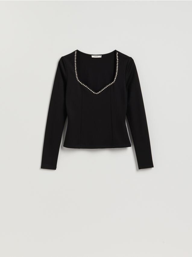 Reserved - Bluzka z błyszczącą aplikacją - czarny