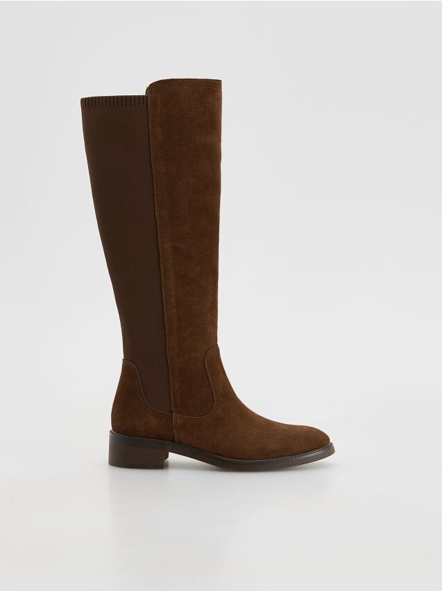 Reserved - Zamaszowe kozaki z elastyczną cholewką - brązowy