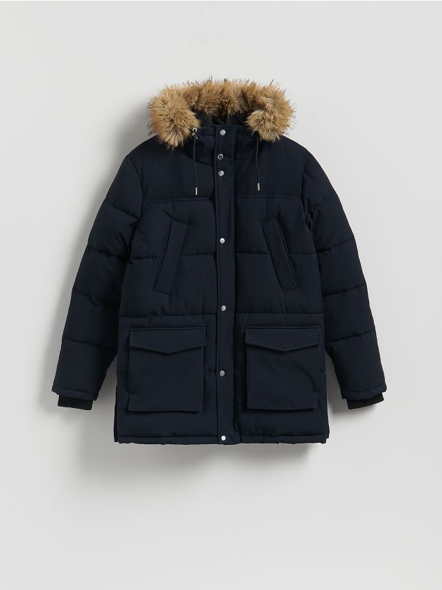 Reserved - Pikowana parka z kapturem - granatowy