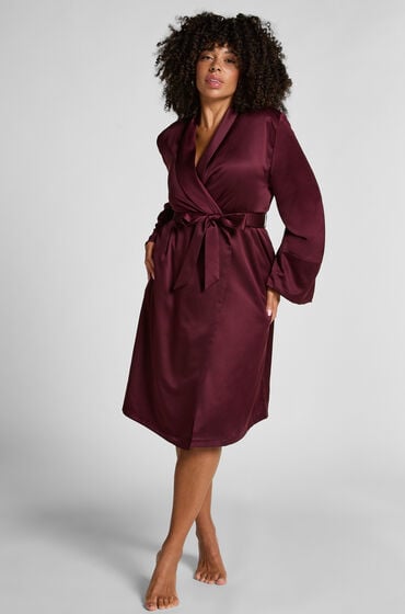 Hunkemöller Satynowy szlafrok z polarem Fioletowy