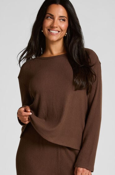Hunkemöller Piżamowy top z dżerseju z długimi rękawami Brązowy