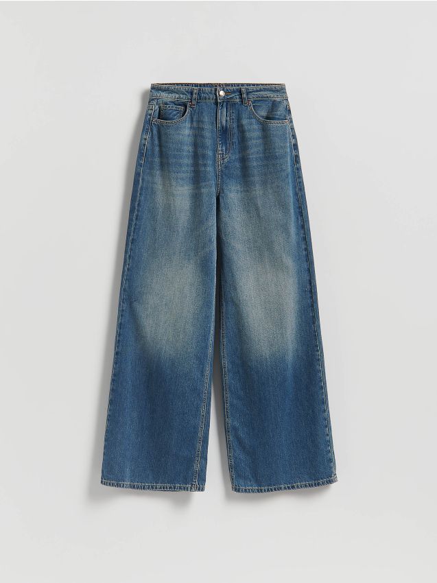 Reserved - Jeansy wide leg z przetarciami - indigo jeans