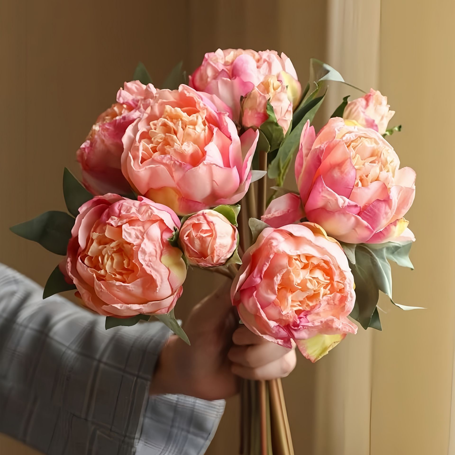 TEMU 10 szt. Zestaw, 6 Dużych i 4 Małe Sztuczne Piwonie z Spalonymi Krawędziami, Europejski Styl Dekoracji Jesiennej do Domu, Salonu, Sypialni,