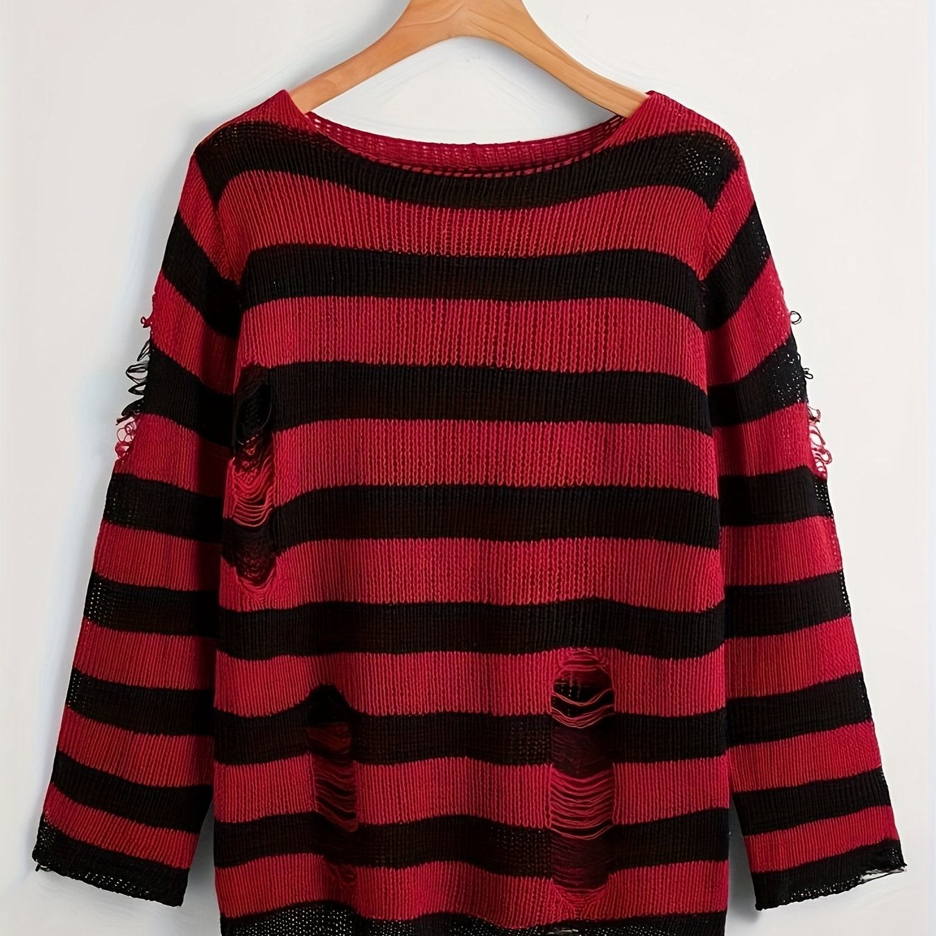 TEMU Damski Sweter w Paski Oversized - Czerwone Pionowe Paski, Luﾅｺny Krﾃｳj, Okrﾄ�gﾅＺ Dekolt, Casualowy Sweter na Kaﾅｼdy Sezon, Do Noszenia na Co Dzie